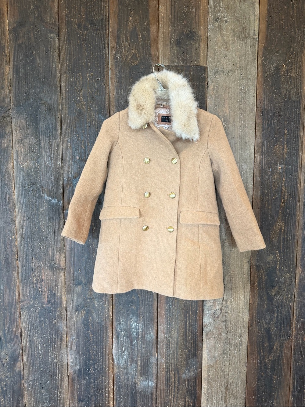 Crewcuts Camel Wool-Blend Double-Breasted Pea Coat with Fur Trim